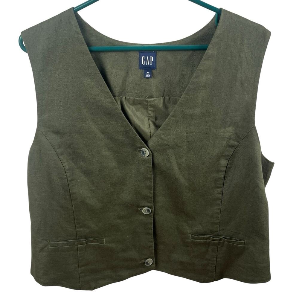 Gap Olive Linen Blend Tailored Vest Waistcoat Preppy Academia Sz L-XL Long READ